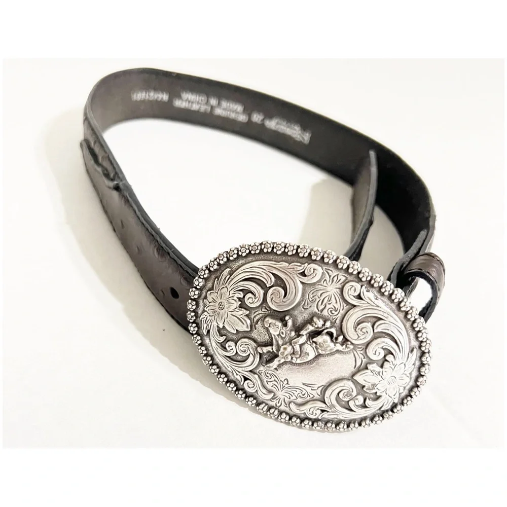Nocona Boys Aces Buckle Western Dark Brown Belt Ornate Silver Buckle Ostrich